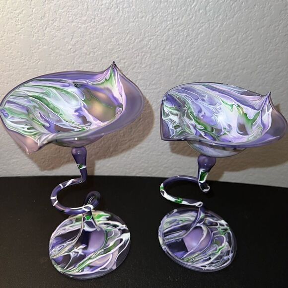 Flame Glow Penco Hand Blown Delicate Candle Holders Art Glass Purple - Picture 2 of 10